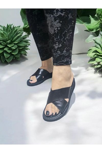 GokceKundura06 Women's Anatomical Insole Cross Real Leather Slippers
