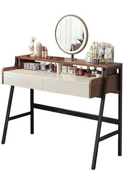 AGD Luxury Vanity Table with Modern Lighting for Bedroom, Shelves and Drawers for Storage, Sturdy Metal