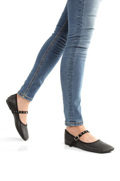 MİNNACE HANNA Черни кожени ортопедични балерини с широки върхове и затворена ...