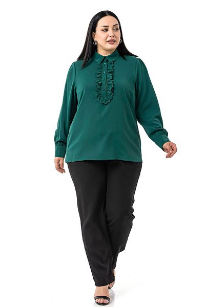 DISENTIS MODEST Plus Size Smocked Front Detail Shirt Collar Cuff Emerald Green Shirt