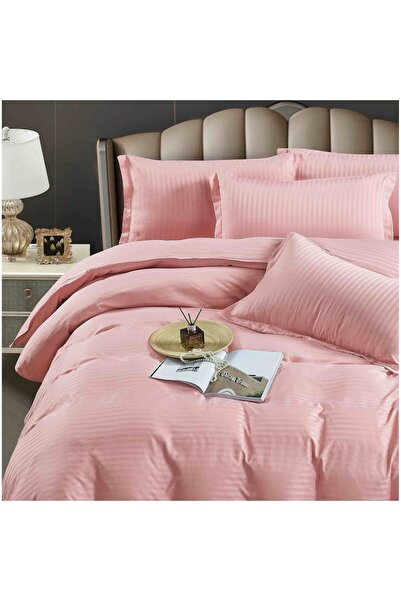 Lenjeria Pufoasa Lenjerie pat dublu cu elastic, Damasc Deluxe Premium, 6 Piese, Horeca - Roz Pudra