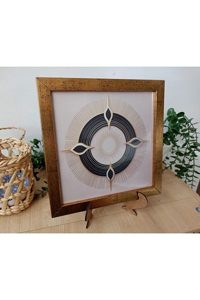 Wooden Factory Geometric Modern Desktop Painting with Gold Frame - Decorative Aesthetic Minimalist Art Decor