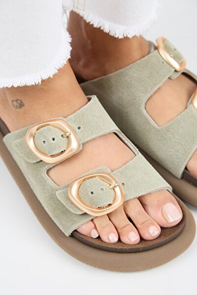 Manijero Narducci Women's Genuine Leather Double Buckle Water Green Slippers