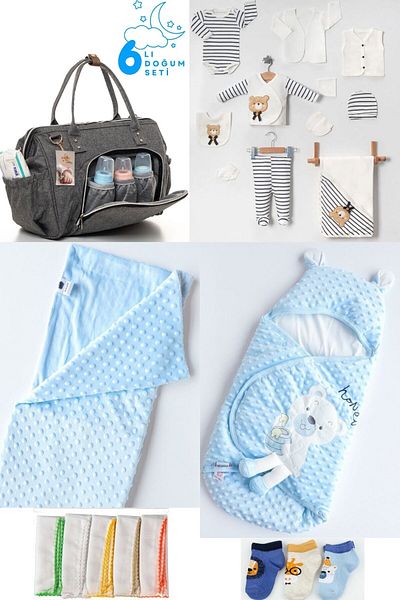 Pimadyo Set of 6 (Baby Care Backpack and Shoulder Bag, 10-Piece Hospital Release, Swaddle, Blanket, 3 Socks, 10 Wipes)