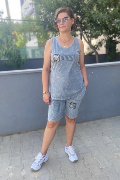 Mia Butik Plus Size Gray Silver Shorts Set