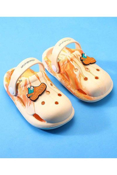 Babyoye Slip On Clogs With Back Strap Marble Print & Applique - Orange