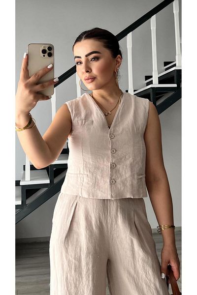 Oslove Stone Raw Linen Vest Trousers Set