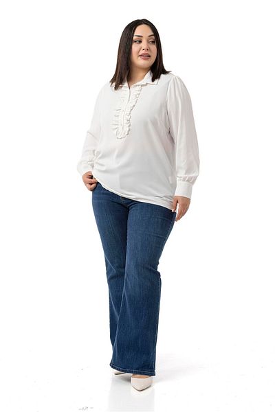 DISENTIS MODEST Plus Size White Shirt with Ruffle Detail on the Front and Shirt Collar Cuff