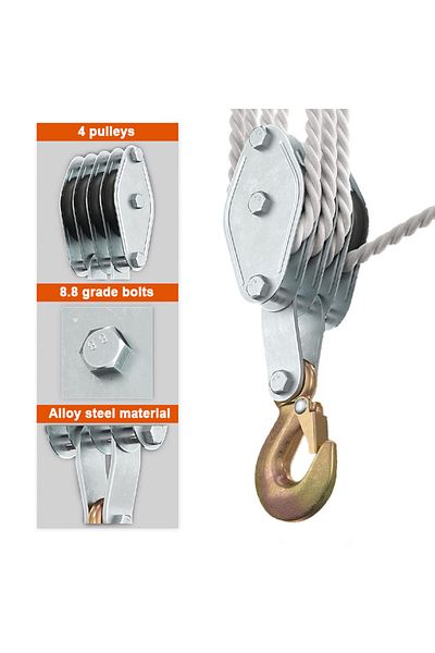 Choice 3 Wheel 15m 1100LBS 270° Rotatable Rope Pulley Block Zinc Alloy Hook Handheld Crane Heavy Duty Polye