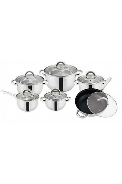 OEM Set 6 Stainless Steel Pots with Glass Lids, 12 Pieces, Induction Compatible
