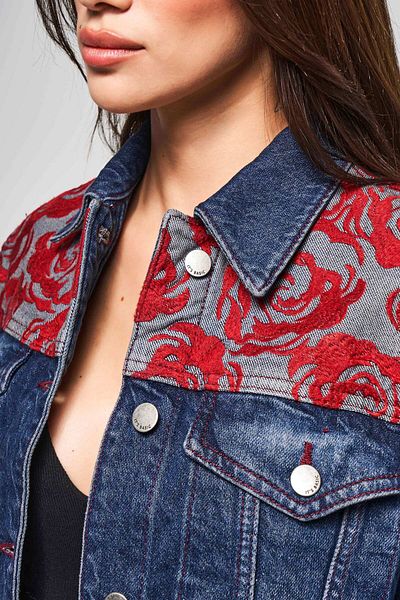 its basic Women's Dark Denim Color 2W5-10 Special Red Pattern Embroidered 100% Cotton Design Denim Jacket