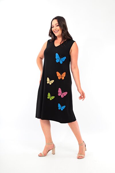 Ebsumu Women's Plus Size Butterfly Stone Printed Sleeveless Black Dress