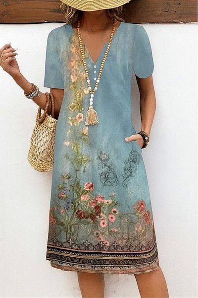 nedo7 Women's Short Sleeve V Neck Patterned Single Jersey Dress
