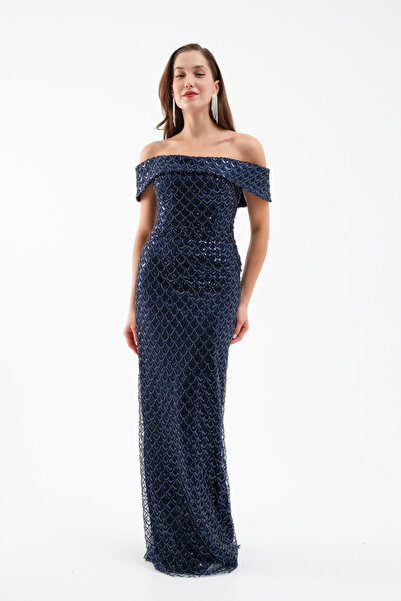 Lafaba Women's Navy Blue Madonna Collar Sequined Long Evening Dress