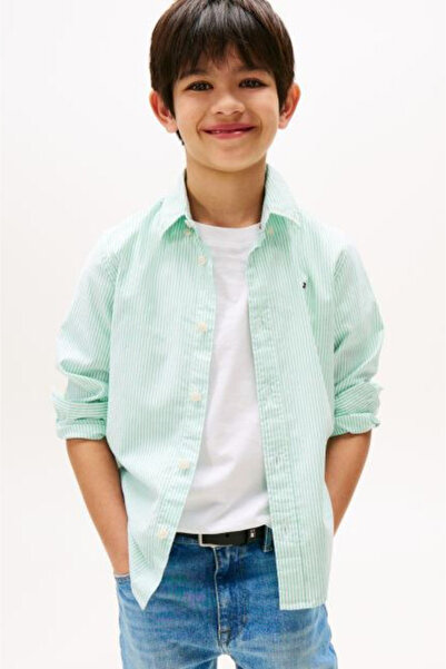 Tommy Hilfiger Erkek Çocuk Çizgili Düğmeli Yaka Gömlek - Mint Yeşili