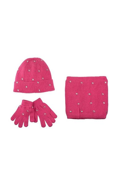 divendi-ro Șapcă cu eșarfă circulară și mănuși, strasuri și căptușeală din fleece, 6 ani, fuchsia
