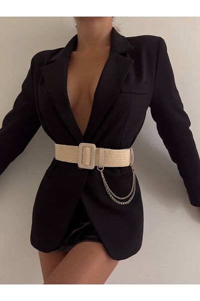 FioriModa Straw Elastic Women's Belt with Buckle, Jacket Belt, Shirt Belt, Dress Belt