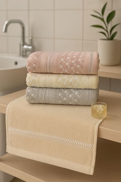 Bonny Home Pelin 3-Piece Dowry Hand and Face Towel 100% Cotton, Velvet Textured, Lace & Laced