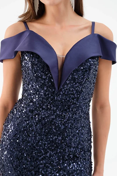 Lafaba Women's Navy Blue Boat Neck Slit Promise Engagement Wedding Evening Dress
