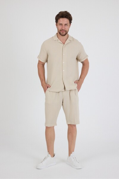 Wise Men's Suit Linen Look Muslin Short Sleeve Shirt Shorts Set 100% Cotton