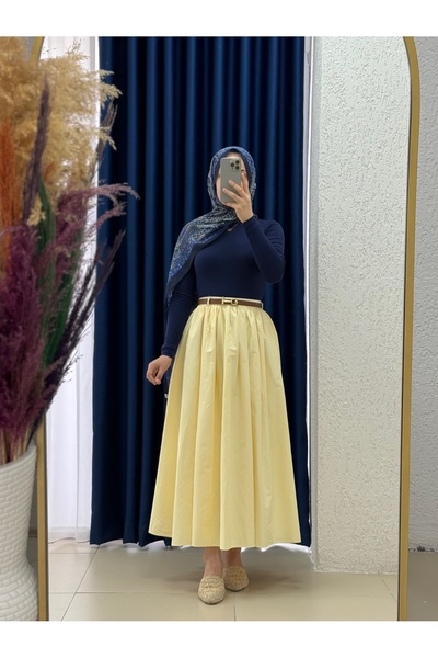 MİHRA STORE Erna Ζωνάρι Ποπλίνα Φούστα-BN4362 Κίτρινο