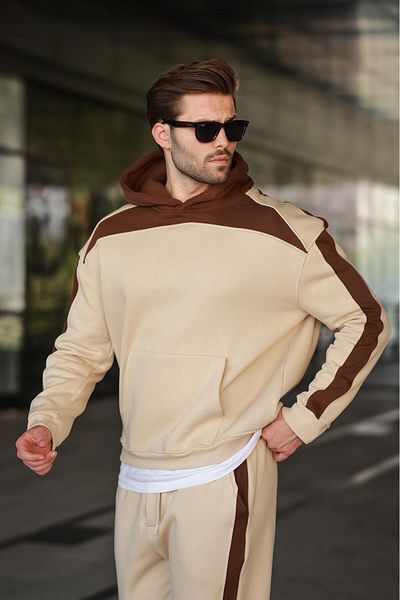 Madmext Beige Hooded Stripe Detailed Men's Tracksuit Set E7326