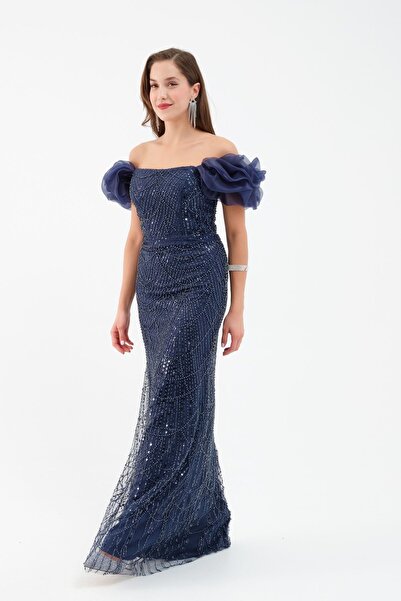 Lafaba Women's Navy Blue Sleeve Detail Beaded Long Evening Dress