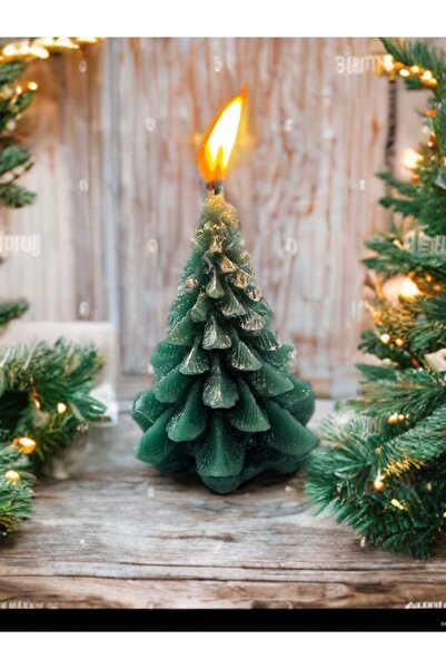 AresMumAtölyesi dekoratif yeniyıl yılbaşı konsepti gümüş varaklı hediyelik çam ağacı mum