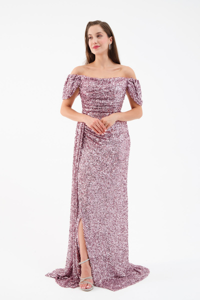 Lafaba Women's Powder Sequin Sequin Embroidered Long Evening Dress