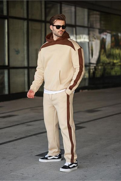 Madmext Beige Hooded Stripe Detailed Men's Tracksuit Set E7326