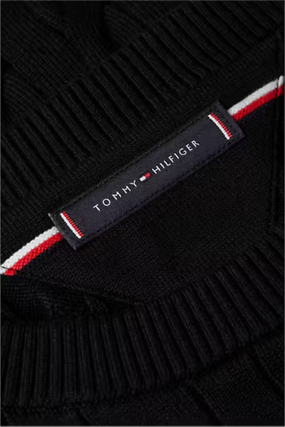 Tommy Hilfiger Erkek Bisiklet Yaka Saç Örgüsü Pamuklu Triko Kazak - Siyah