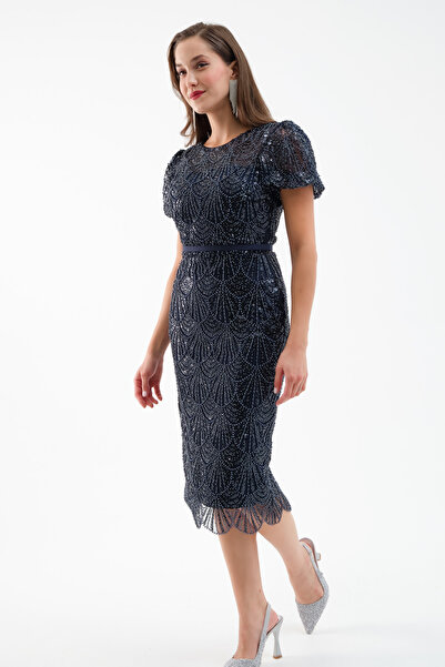 Lafaba Kadın Lacivert Boncuklu Midi Abiye Elbise