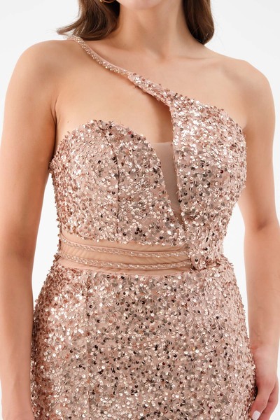 Lafaba Γυναικείο χρυσό μακρύ βραδινό φόρεμα με διάφανο σκίσιμο και παγιέτες