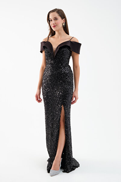 Lafaba Women's Black Boat Neck Slit Promise Engagement Wedding Evening Dress