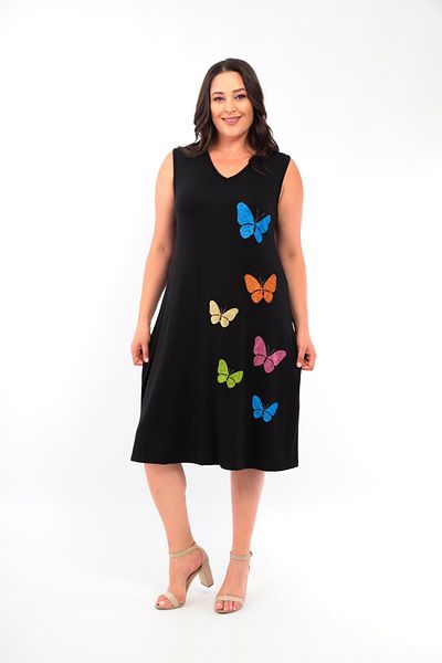 Ebsumu Women's Plus Size Butterfly Stone Printed Sleeveless Black Dress