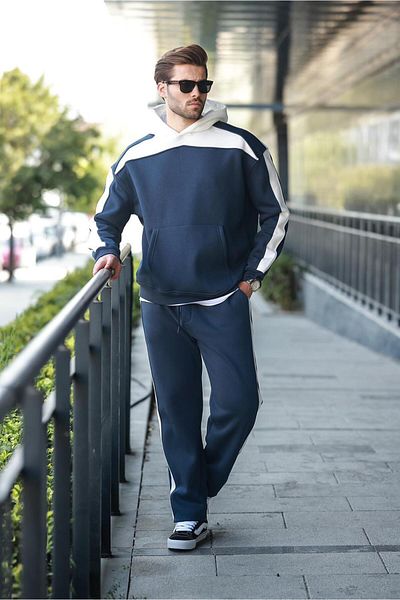 Madmext Navy Blue Hooded Stripe Detailed Men's Tracksuit Set E7326