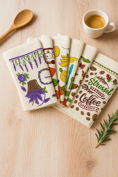 Bonny Home Set 6 prosoape de bucătărie de culoare crem – 30x50 cm |   Lavete de uscare cu model cu tematică fructe și cafea