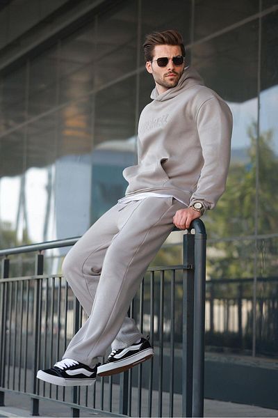 Madmext Painted Gray Hooded Men's Tracksuit Set E7324