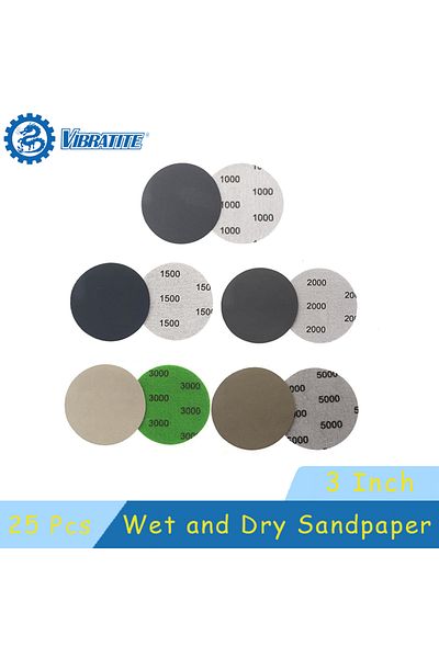 Vibra Tite 3 Inch Wet and Dry Sandpaper 25 Pcs Assorted 1000/1500/2000/3000/5000 Grits Hook and Loop for Pol...