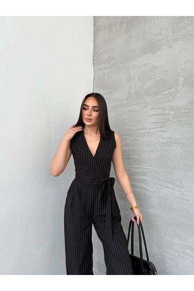 GAMZE ALPTEKİN Double Breasted Collar Stand-Up Striped Fabric Jumpsuit Suitable for Daily Invitations Night Use Stylish Jumpsuit Loose Leg Jumpsuit