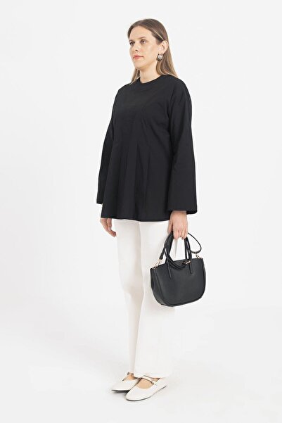 ALLDAY Siyah-Pileli Gizli Fermuarlı Likralı Bluz