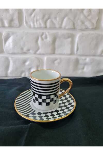 FERMATO 4 Piece 2 Person Porcelain Turkish Coffee Cup Set Double Pattern Chec...