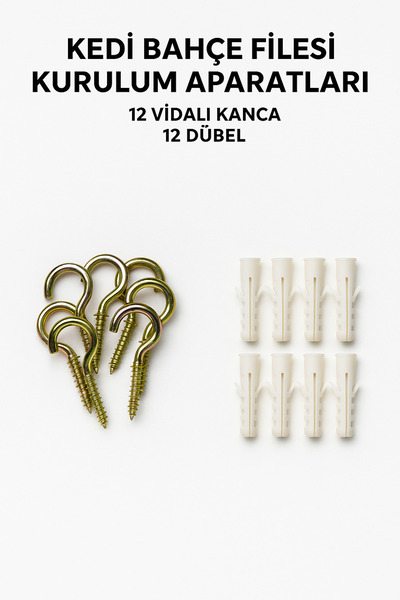 Genel Markalar Kedi Filesi - Balkon Filesi - Bahçe Filesi Montaj Seti – 12 Vidalı Kanca + 12 Dübel