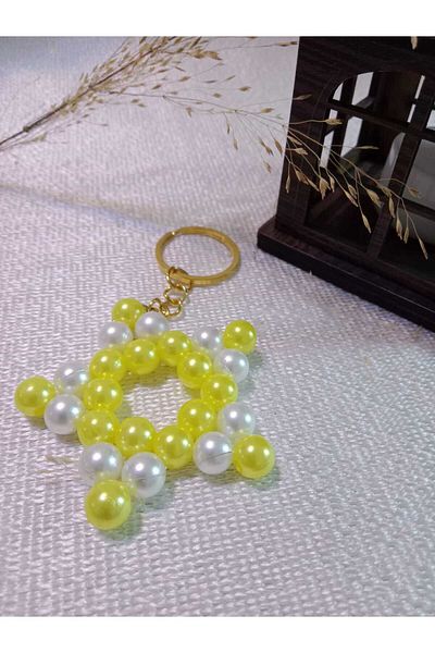 MODA MANANI 1 Piece Yellow White Pearl Detailed Long Gold Color Chain Keychain