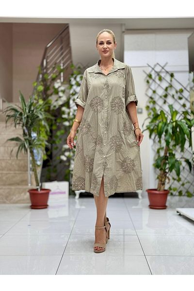 Punta Otantik Pt83730 Sequin Coton Italian Shirt Dress Mink