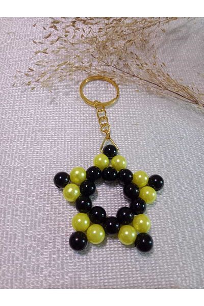 MODA MANANI 5 Pieces Yellow Black Pearl Detailed Long Gold Color Chain Star Keychain