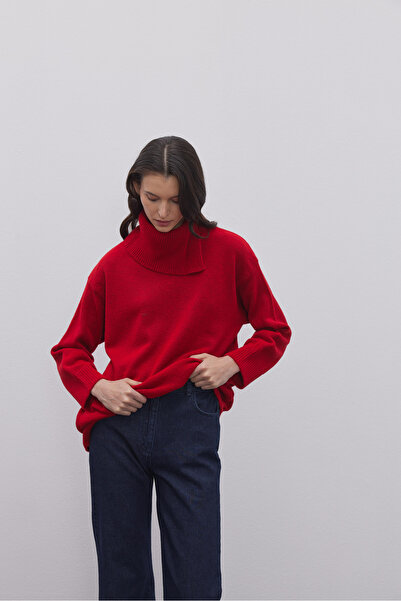 Fahhar Yırtmaç Yakalı Triko Kazak Kırmızı