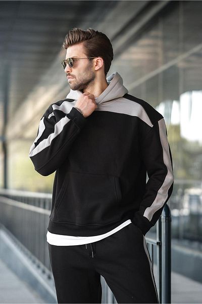 Madmext Black Hooded Stripe Detailed Men's Tracksuit Set E7326