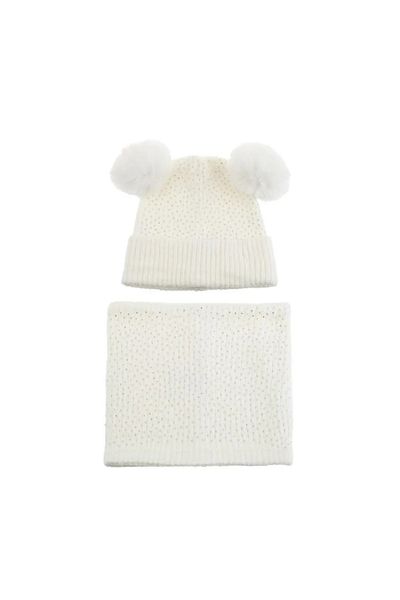 divendi-ro Set de căciulă cu strasuri, urechi cu pompon și eșarfă, căptușeală din fleece, 6 ani, ecru