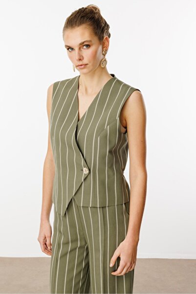 Moda İlgi Modailgi Kruvaze Kapamalı Bağlama Detaylı Asimetrik Kesim Yelek Haki